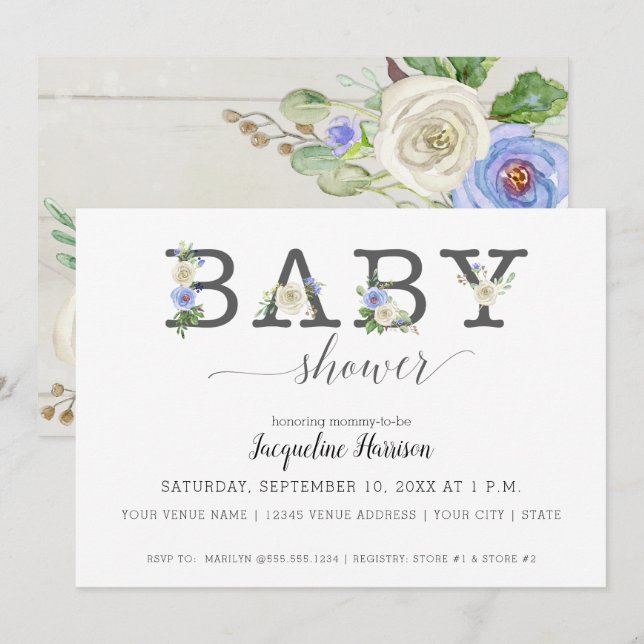 Invitación Rústica florística azul y blanca | Boy Baby Shower (Anverso / Reverso)