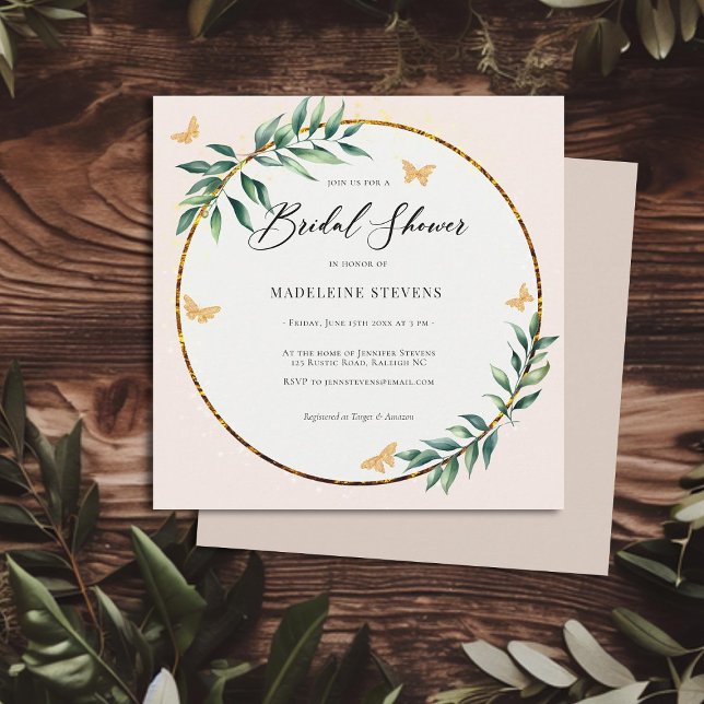 Invitación Rústica Foliage Botánica Mariposas de Oro Bridal (rustic simple botanical foliage butterflies bridal shower invitation elegant country barn simple)