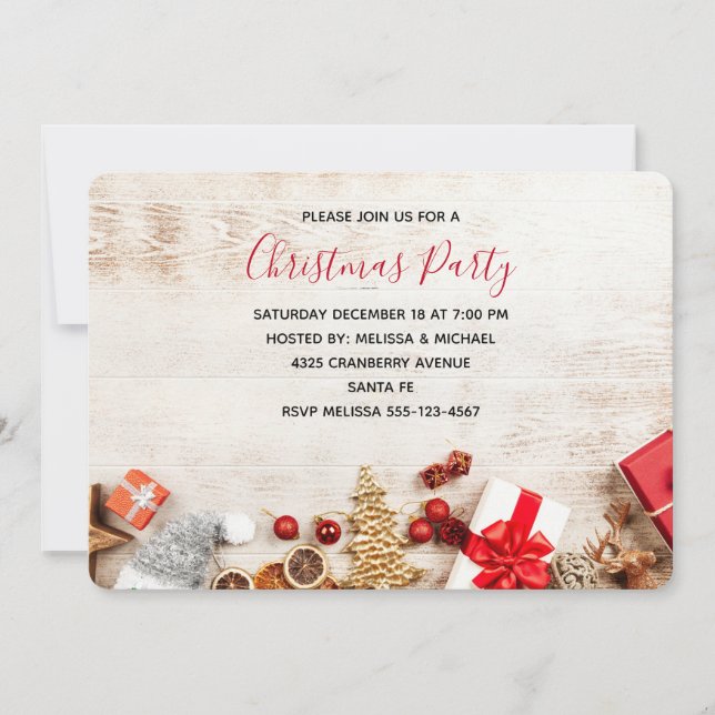 Invitación Rústica foto de madera con Navidades Fiesta de art (Anverso)