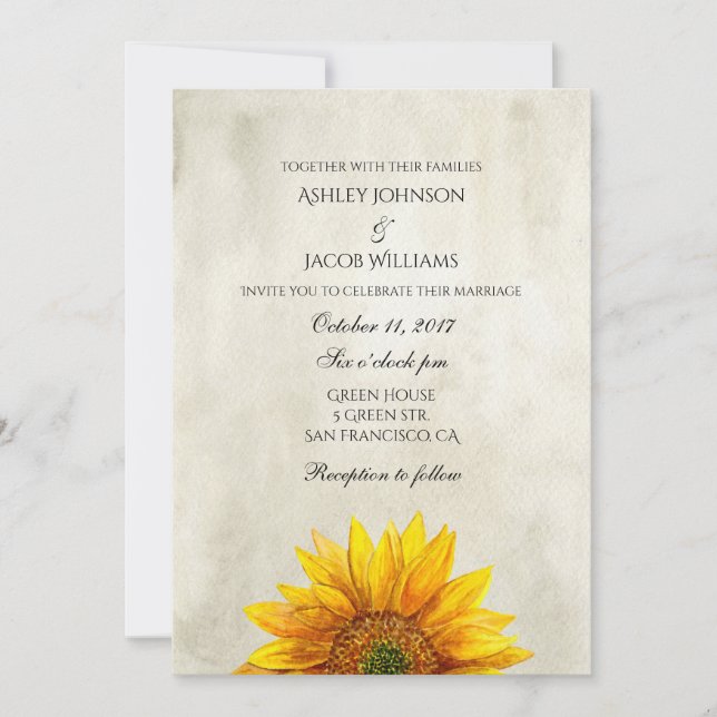 Invitación rústica girasol Invitación a la boda ca (Anverso)
