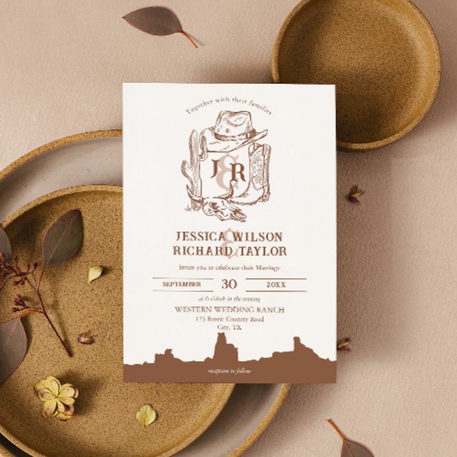 Invitación Rústica granja de rancho occidental en Boots de Co (western wedding with hand drawn cowboy hat, boots, cactus)