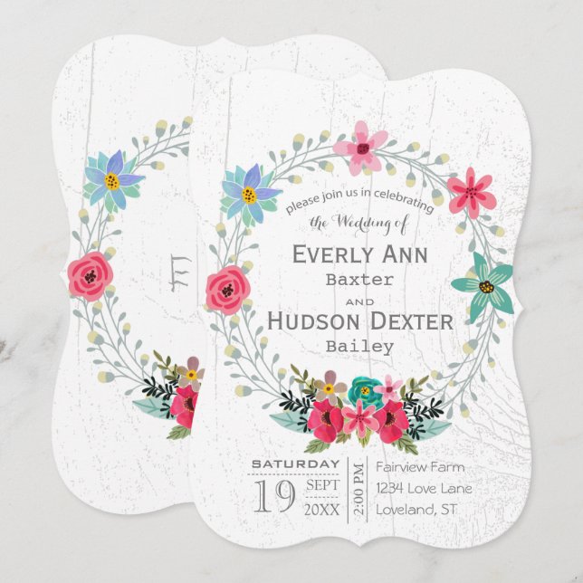 Invitación Rústica guirnalda floral de madera de grano (Anverso / Reverso)
