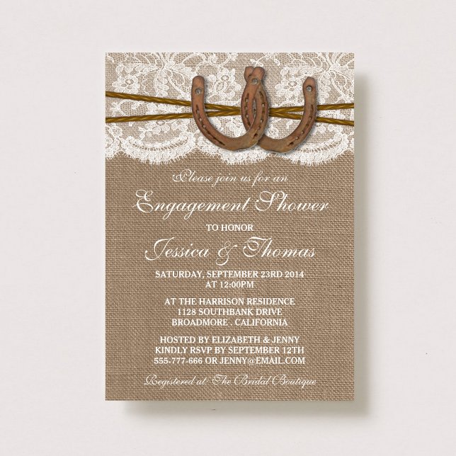 Invitación Rústica Herradura En Burlap & Lace Engagement (Subido por el creador)