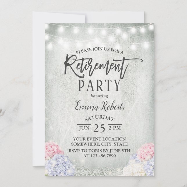 Invitación Rústica Hidrangeas Floral String Luces Retirada (Anverso)