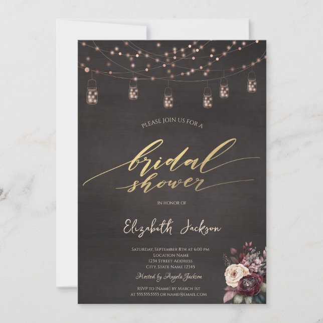 Invitación Rústica hila luz Mason Jar Rosa Bridal Shower (Anverso)