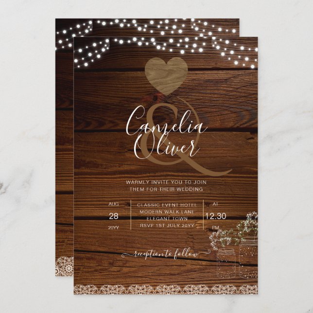 Invitación Rústica jarrones alumbran a gypsophilia BODA (Anverso / Reverso)