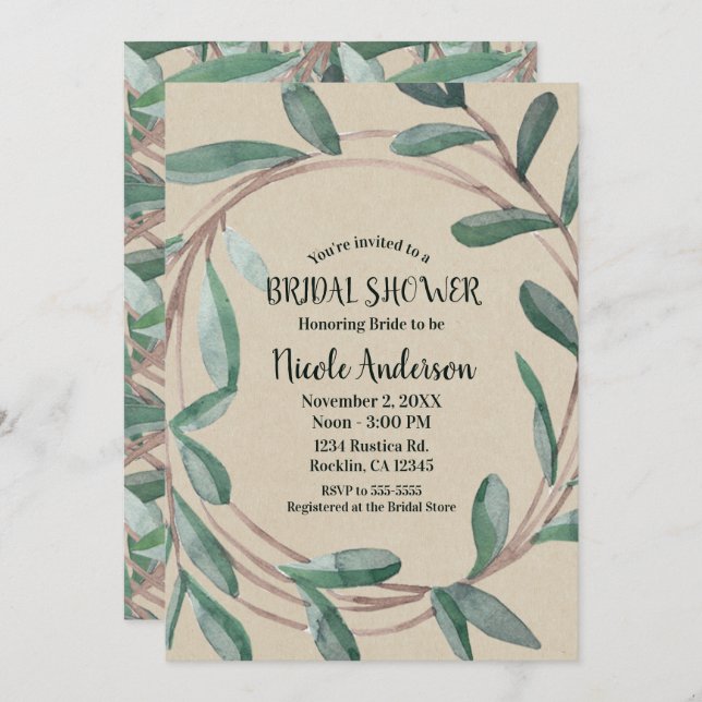 Invitación Rústica Kraft Botánica Wreath Leaf Bridal Shower (Anverso / Reverso)