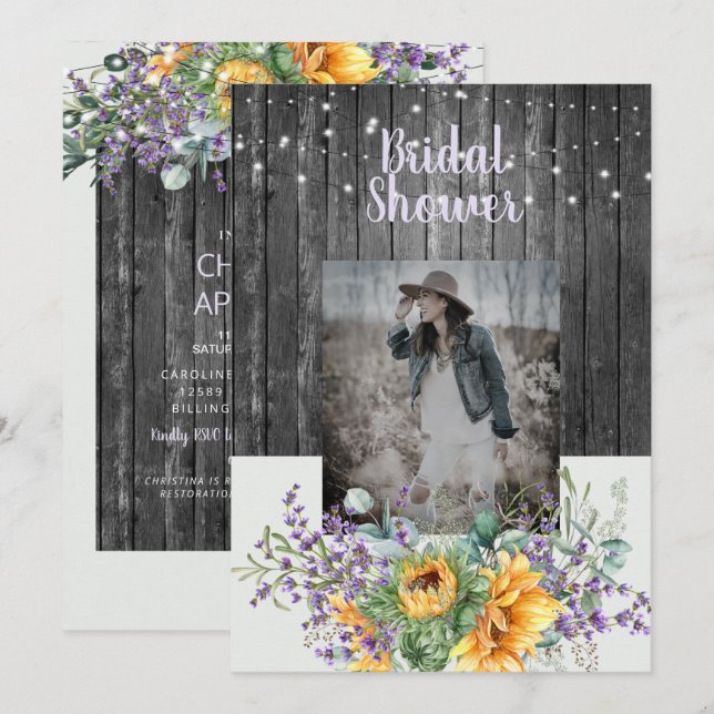 Invitación Rústica lavanda de girasol foto ducha de novia (Anverso / Reverso)