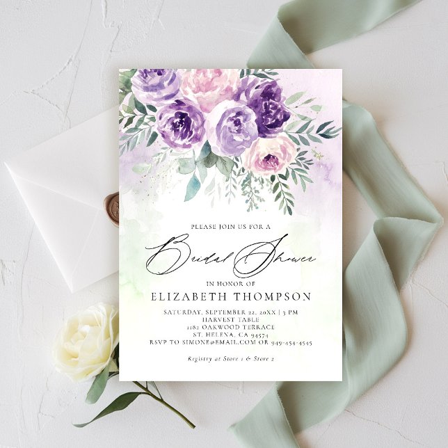 Invitación Rústica Lavanda Púrpura Lilac Floral Bridal Ducha (purple lavender lilac bridal shower brunch invitation watercolor floral garden romantic rustic chic)