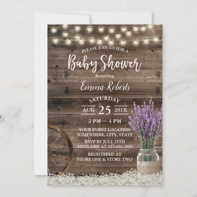 Invitación Rústica Lavender Floral String Lights Baby Shower (Anverso)