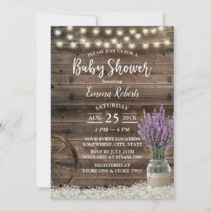 Invitación Rústica Lavender Floral String Lights Baby Shower