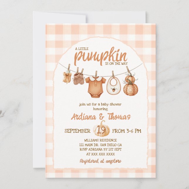Invitación Rústica línea de ropa calabaza Baby Shower (Anverso)
