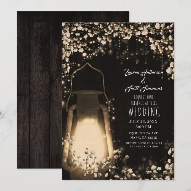 Invitación Rústica linterna brillante y Boda de flores de ali (Anverso / Reverso)