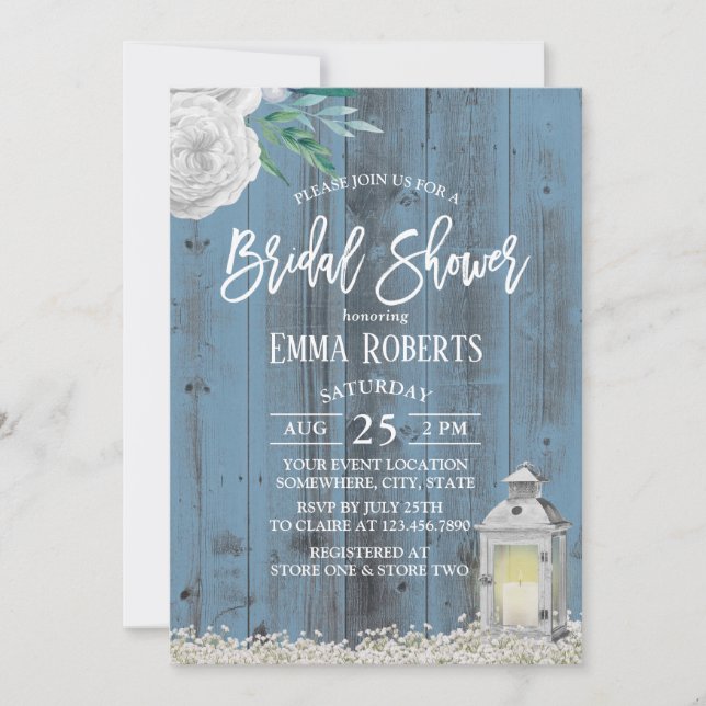 Invitación Rústica Linterna Dusty Blue Floral Bridal Shower (Anverso)