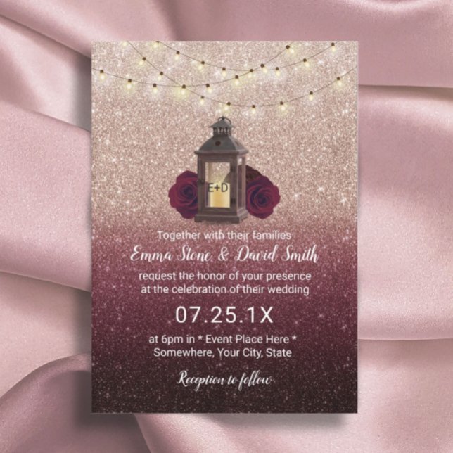 Invitación Rústica Linterna moderna Borgoña Rosa Boda de oro (Subido por el creador)