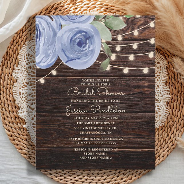 Invitación Rústica Madera Azul Floral Cadena Luz Ducha Britán (Elegant dusty blue floral and string lights on rustic wood Bridal Shower invitation)
