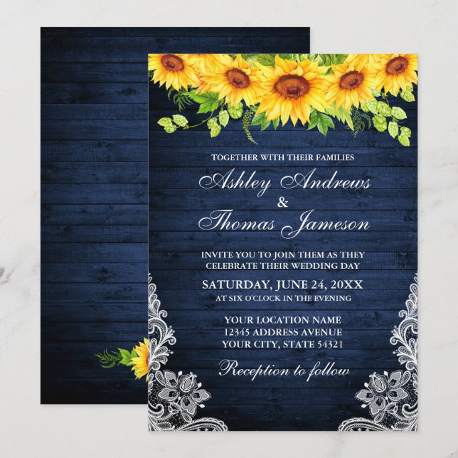 Invitación Rústica Madera Azul Sunflower Floral Verdor Lace (Anverso / Reverso)