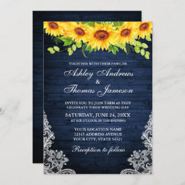 Invitación Rústica Madera Azul Sunflower Floral Verdor Lace