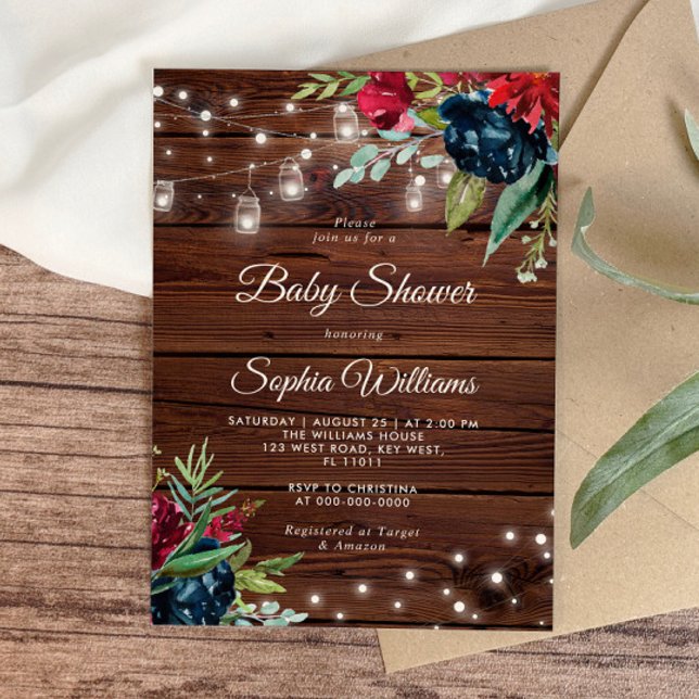 Invitación Rústica Madera Borgoña Luces Florales Baby Shower (Subido por el creador)