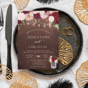 Invitación Rústica Madera Borgoña Rubor Rosa Mason Jar