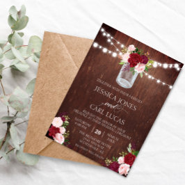 Invitación Rústica Madera Borgoña Rubor Rosa Mason Jar