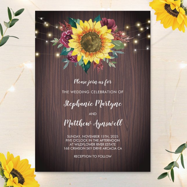 Invitación Rústica madera de girasol ilumina a Boda floral (Subido por el creador)