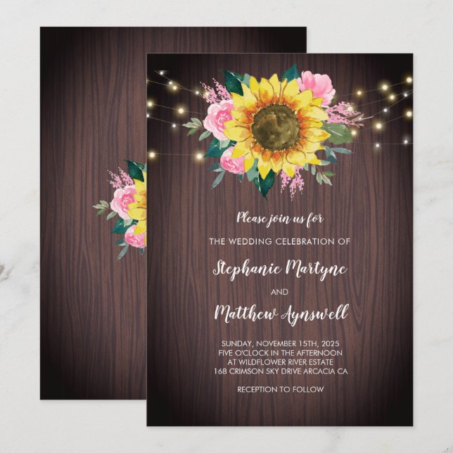 Invitación Rústica Madera de girasol ilumina Boda Floral Rosa (Anverso / Reverso)