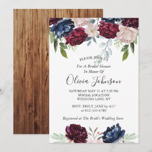 Invitación Rústica madera de grano Borgoña Floral Bridal Duch