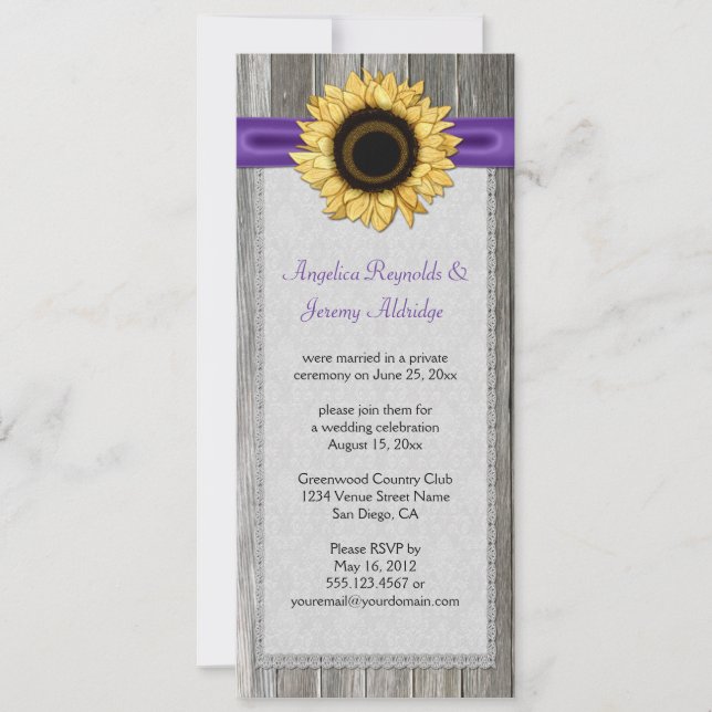 Invitación Rústica madera de grano de girasol Lazo de cinta p (Anverso)