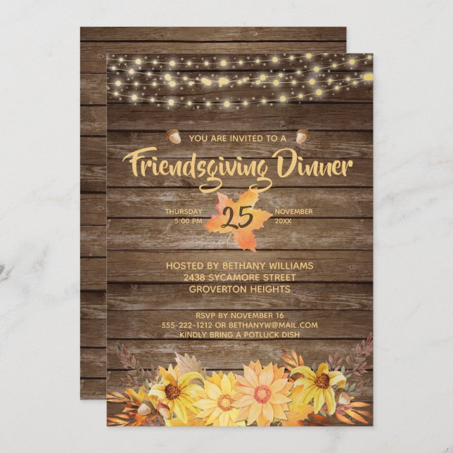 Invitación Rústica Madera Floral String Luces Amistad (Anverso / Reverso)