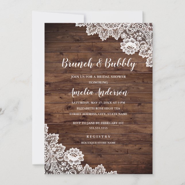Invitación Rústica Madera Lace Brunch Y Bubbly Bridal Shower (Anverso)