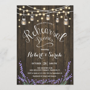 Invitación Rústica Madera Luces Lavender Ensayo Cena