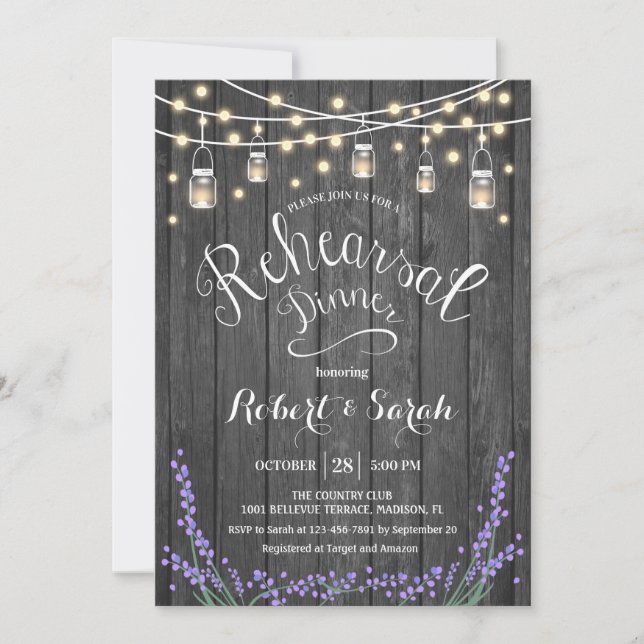 Invitación Rústica Madera Luces Lavender Ensayo Cena (Anverso)