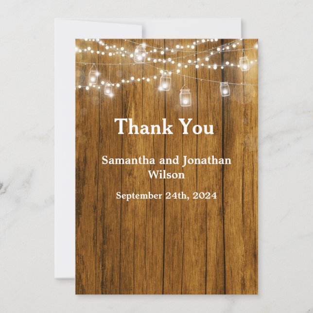 Invitación Rústica Madera Mason Jar Hanging Lights Gracias (Anverso)
