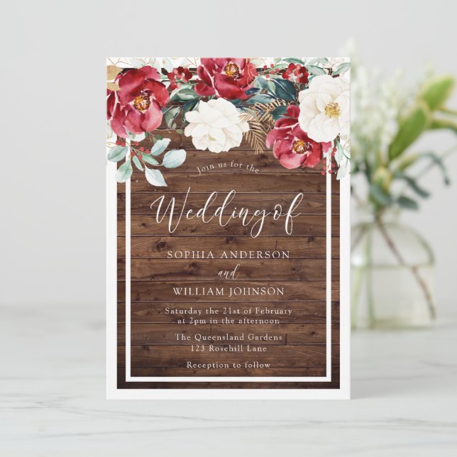 Invitación Rústica Madera Romántica Boda Floral Roja (Anverso de pie)