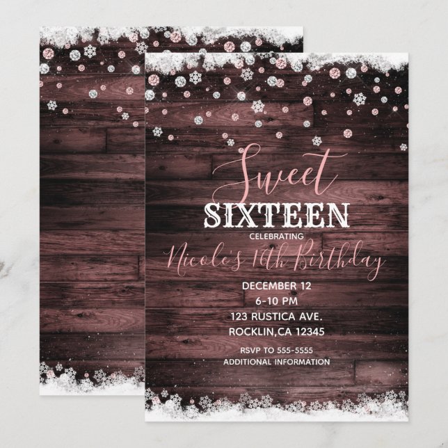 Invitación Rústica madera rosa rosa rosa nieve dulce de invie (Anverso / Reverso)