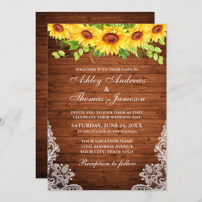 Invitación Rústica Madera Sunflower Floral Verdor Lace (Anverso / Reverso)
