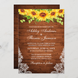 Invitación Rústica Madera Sunflower Floral Verdor Lace