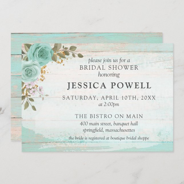 Invitación Rústica Madera Turquesa Floral Cabaña Bridal Showe (Anverso / Reverso)
