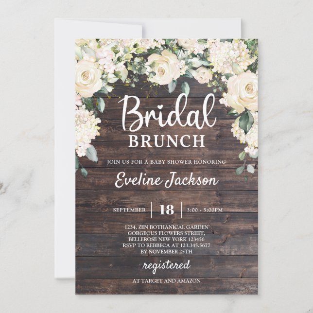 Invitación Rústica madera verde rosas blancas brunch de novia (Anverso)