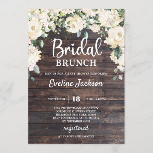 Invitación Rústica madera verde rosas blancas brunch de novia