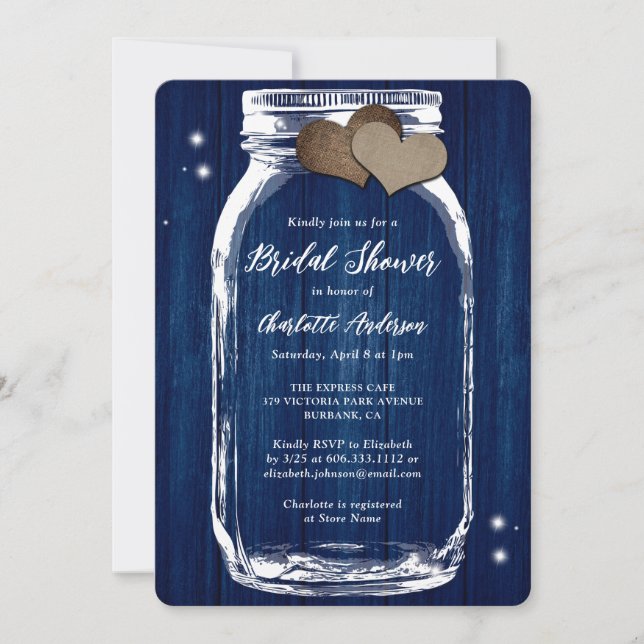 Invitación Rústica Marina Azul Mason Jar Wood Bridal Shower (Anverso)
