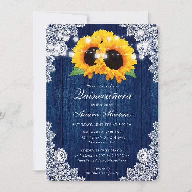 Invitación Rústica Marina Azul Sunflower Wood Lace Quinceañer (Anverso)