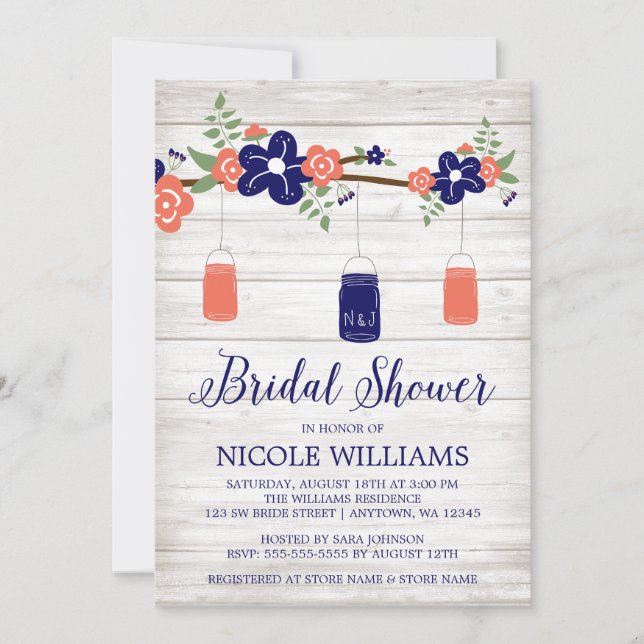 Invitación Rústica Marina Coral Mason Jar Branch Bridal Showe (Anverso)