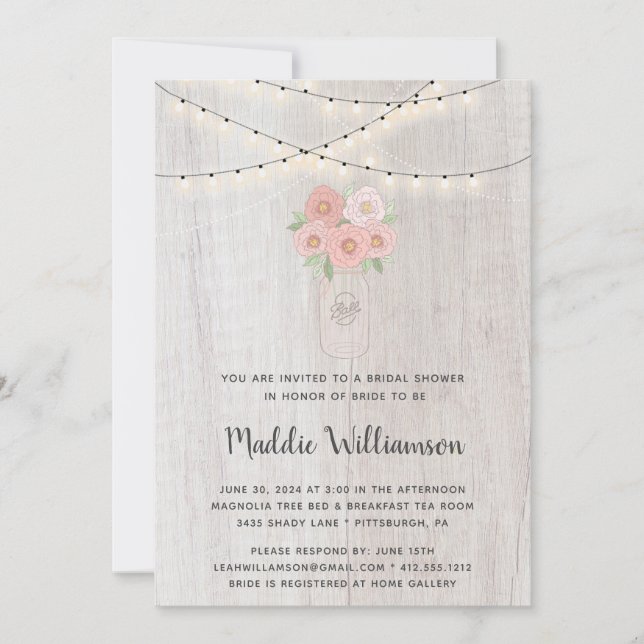 Invitación Rústica Mason Jar Floral Luces Fotográficas Ducha  (Anverso)