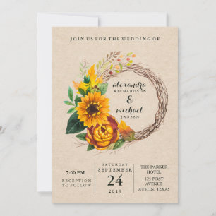 Invitación Rústica mirada kraft con Boda de guiso de girasol