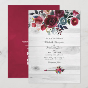Invitación Rústica Moda Boho Borgoña y Boda floral de la mari