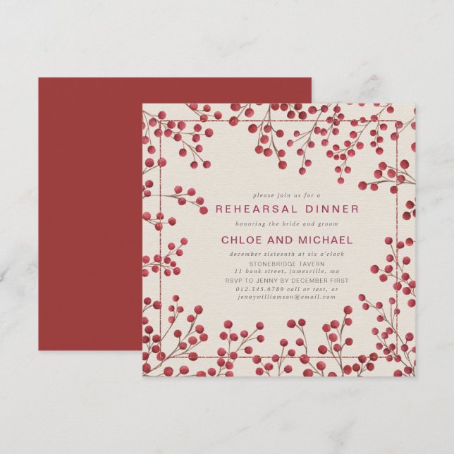 Invitación Rústica Moda Red Berry Ensayo de matrimonio invern (Anverso / Reverso)