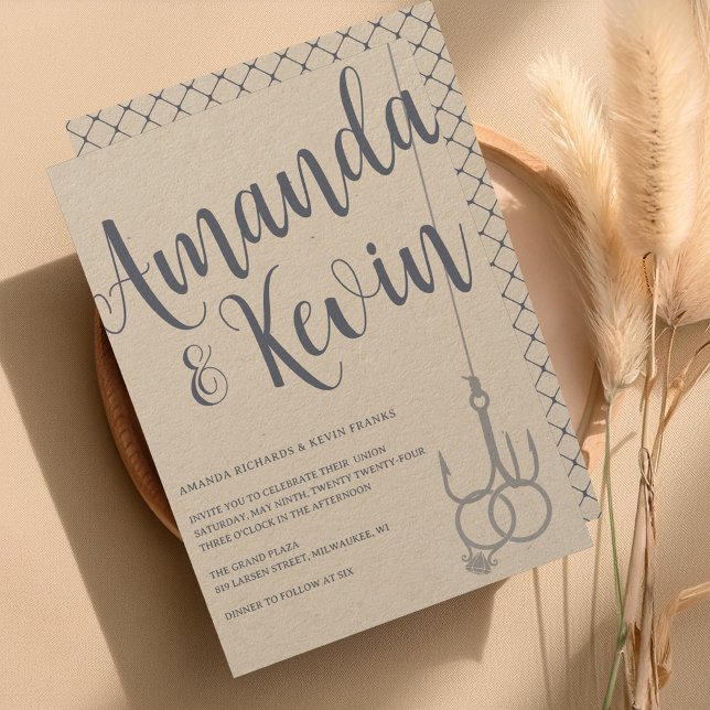 Invitación Rústica moderna Pescador Boda de gancho Kraft Azul (Subido por el creador)