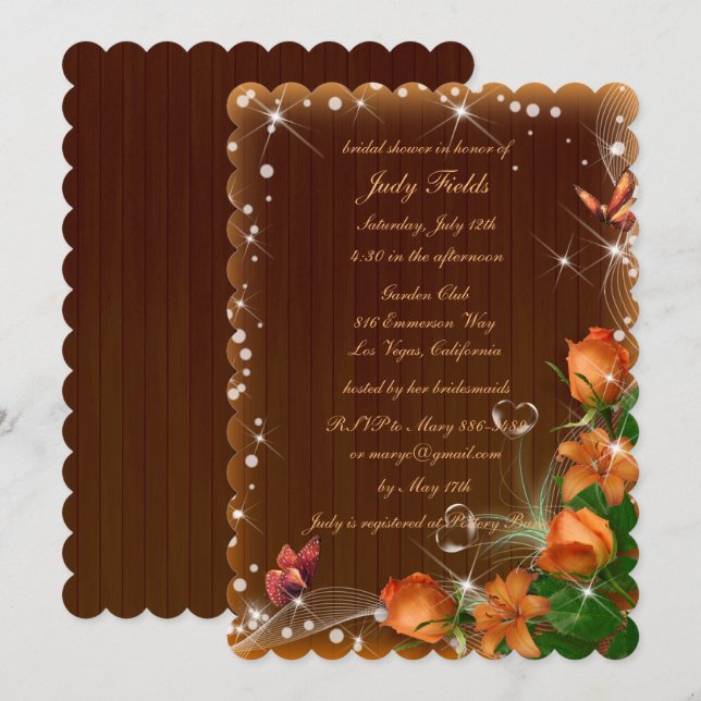 Invitación Rústica Morada Floral de Madera Oscura Ducha de No (Anverso / Reverso)